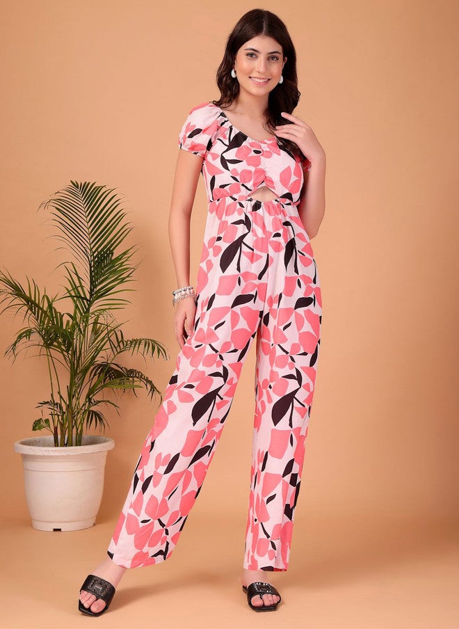 CUKOO Floral Printed V-Neck Basic Jumpsuit - Image 1
